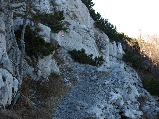 Staza od prijevoja do doma je usječena u stijenu.