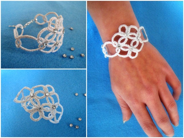 Belo-srebrna lace zapestnica s kristalčki, čipka
