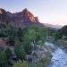 Utah - The Watchman Towers Over the Virgin River at Sunset, Zion National Park