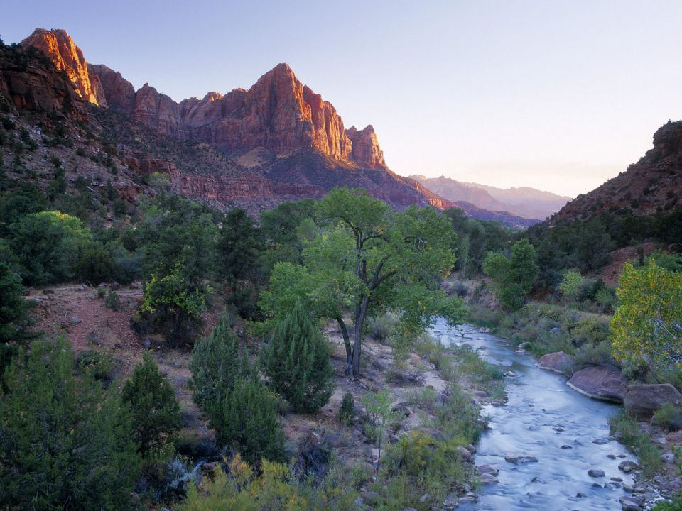 Utah - The Watchman Towers Over the Virgin River at Sunset, Zion National Park