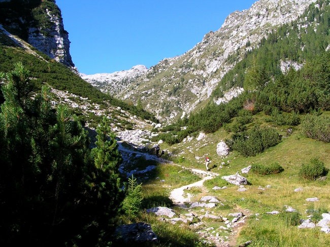 Pot od planinske koče pri Krnskih jezerih proti jezeru, na levi pobočja Šmohorja, desno po