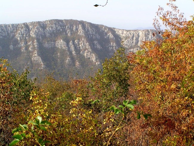 Pogled na greben Sabotina z grebena tik pod vrhom Svete gore. Sabotin je postal, potem ko 
