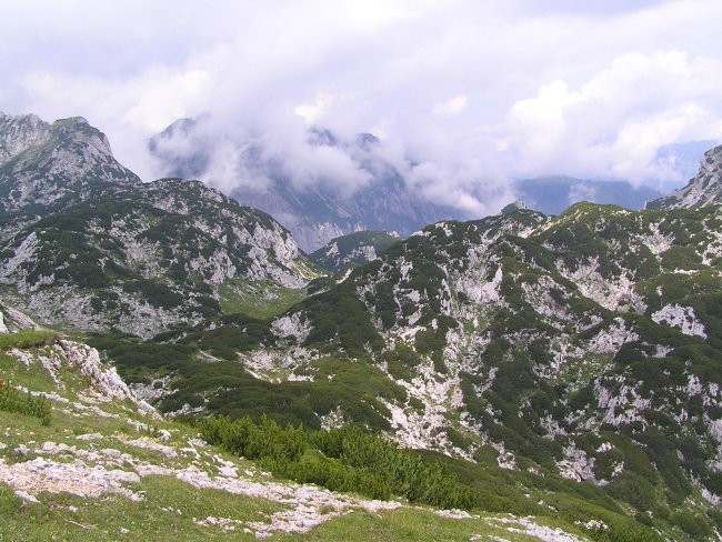pogled s SV pobočja Ovčjega vrha proti robu Dleskovške planote nad Robanovim kotom, zadaj 
