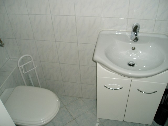 WC za goste, desno pralni in sušilni stroj.