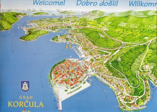 Skica mesta Korčula z vrisano potjo od trajektnega pristanišča Dominče do apartmajev