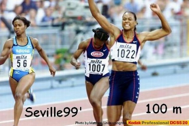 Seville 1999, winning the w.champ. for the second time (100m)!